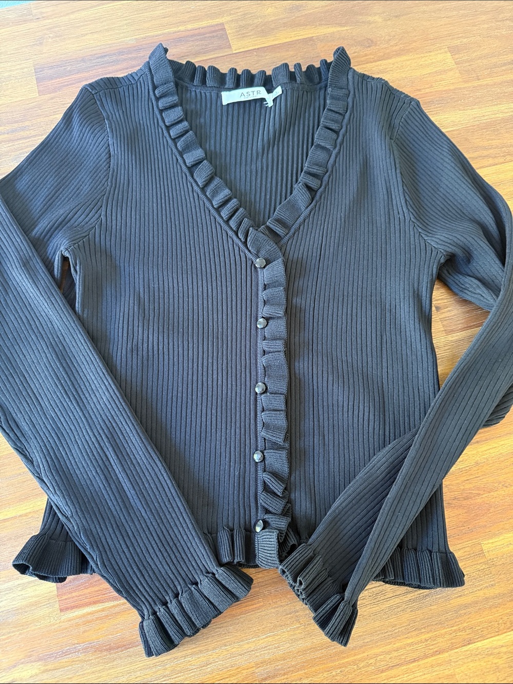 Astr Black Ribbed Ruffle-Trim Cardigan
